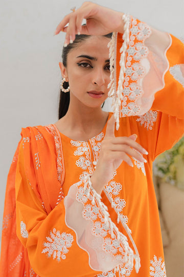 Zellbury Embroidered Shirt Shalwar Dupatta - Orange - Lawn Suit - 0283 Online Shopping